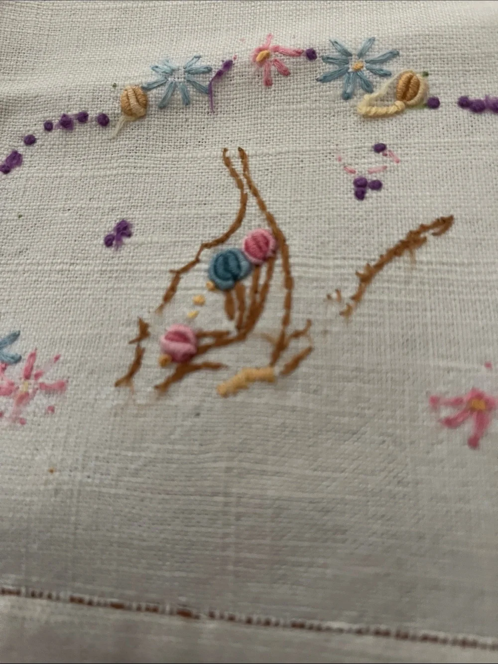 Embroidered Floral Linen Hand Towel in White with Pastel Accents